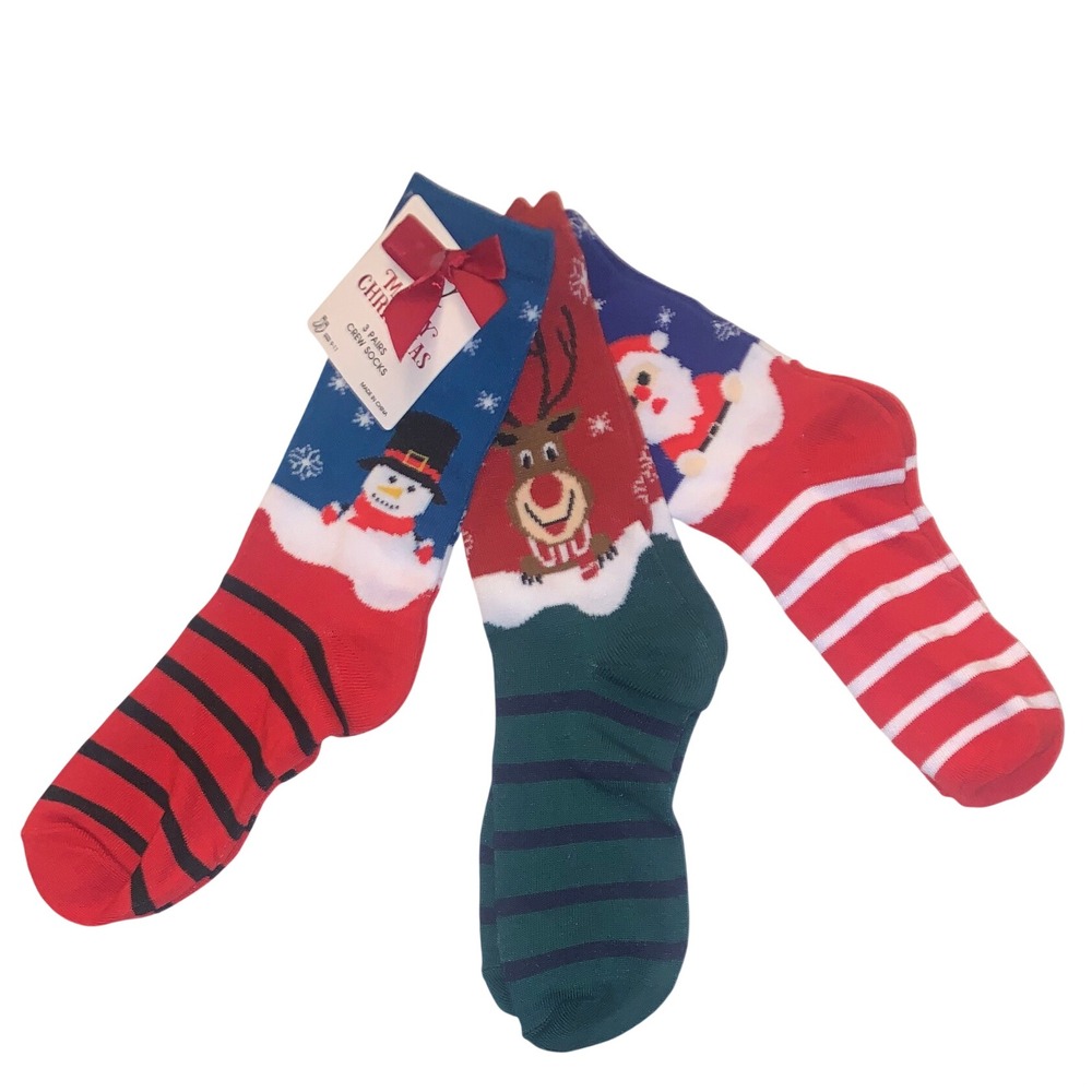 Merry Christmas 3 Pairs Crew Socks Set Snowman Reindeer Santa Size 9-11 NWT